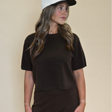 Front view of Kori Elbow Sleeve Crewneck Sweater in Dark Espresso, cropped silhouette with short sleeves.