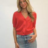 Chic red Steve Madden Janae Cardigan featuring a cozy knit texture, short sleeves, and V-neck silhouette for effortless everyday fall style.