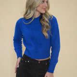 Pistola Sara Crewneck Sweater in Azure Blue paired with brown corduroy pants — effortless transitional outfit from Shear Boutique