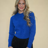 Pistola Sara Crewneck Sweater in Azure Blue styled with black suede shorts — classic women’s crewneck sweater from Shear Boutique