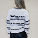 Cozy Z Supply Perci Sweater — white sweater with black and grey patterning and a contrasting neckline accent for effortless style.