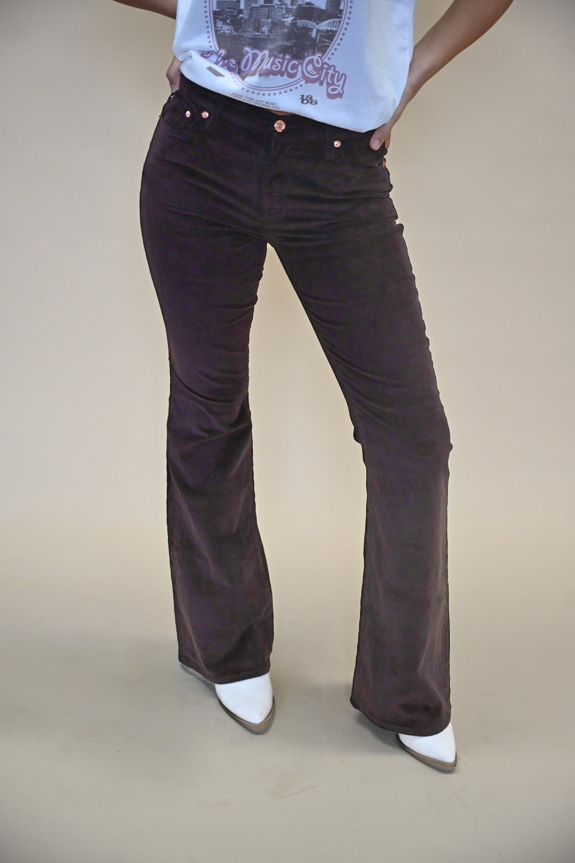 Chic Pistola Brown Cord Pants with flared leg and classic corduroy texture — polished yet laid-back for everyday wear.