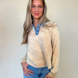 front of denim collar washed polo- washed tan finish with natural denim detail on collar. Women's long sleeve polo top. Shear Boutique Women's fashion fall