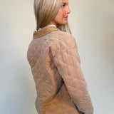 back of quilted barn jacket in tan color, shear boutique fall