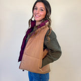 side view of women's puffer vest - kansas reversible puffer vest - tan and red/ burgundy