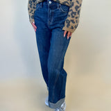 side view of woman wearing kacey mid rise cuffed boyfriend jeans shear boutique