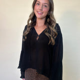 front of jacquel blouse- black long sleeve sheer ruffle women's top/blouse. Shear thairapy women's clothing fall collection