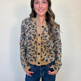 Front of Amina Sweater by Dear John- Leopard print cardigan, tan with black cheetah pattern, button down front. Women's trendy cardigan from Shear Boutique Fall collection