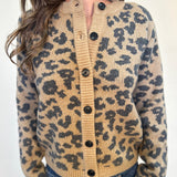 clouse up product image of Amina Cardigan showing details of knit leopard print sweater and front button detail. Dear John brand, Shear Boutique
