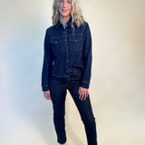 Pistola Thea Denim Top with double chest pockets styled with Pistola Bri High Rise Slim Straight Pants — a timeless, everyday denim-on-denim look.