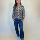 kacey mid rise cuffed boyfriend women's jeans- dark blue wash, cuffed, barrel leg. paired with amina cheetah leoaprd print cardigan