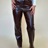 close up of Cassie Super High Rise Straight Pant - Tobacco Croc, brown reptile animal print faux leather fall pants/bottoms pistola shear boutique fall