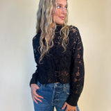 Steve Madden Jaiya Top in black lace styled with denim — romantic lace blouse from Shear Boutique