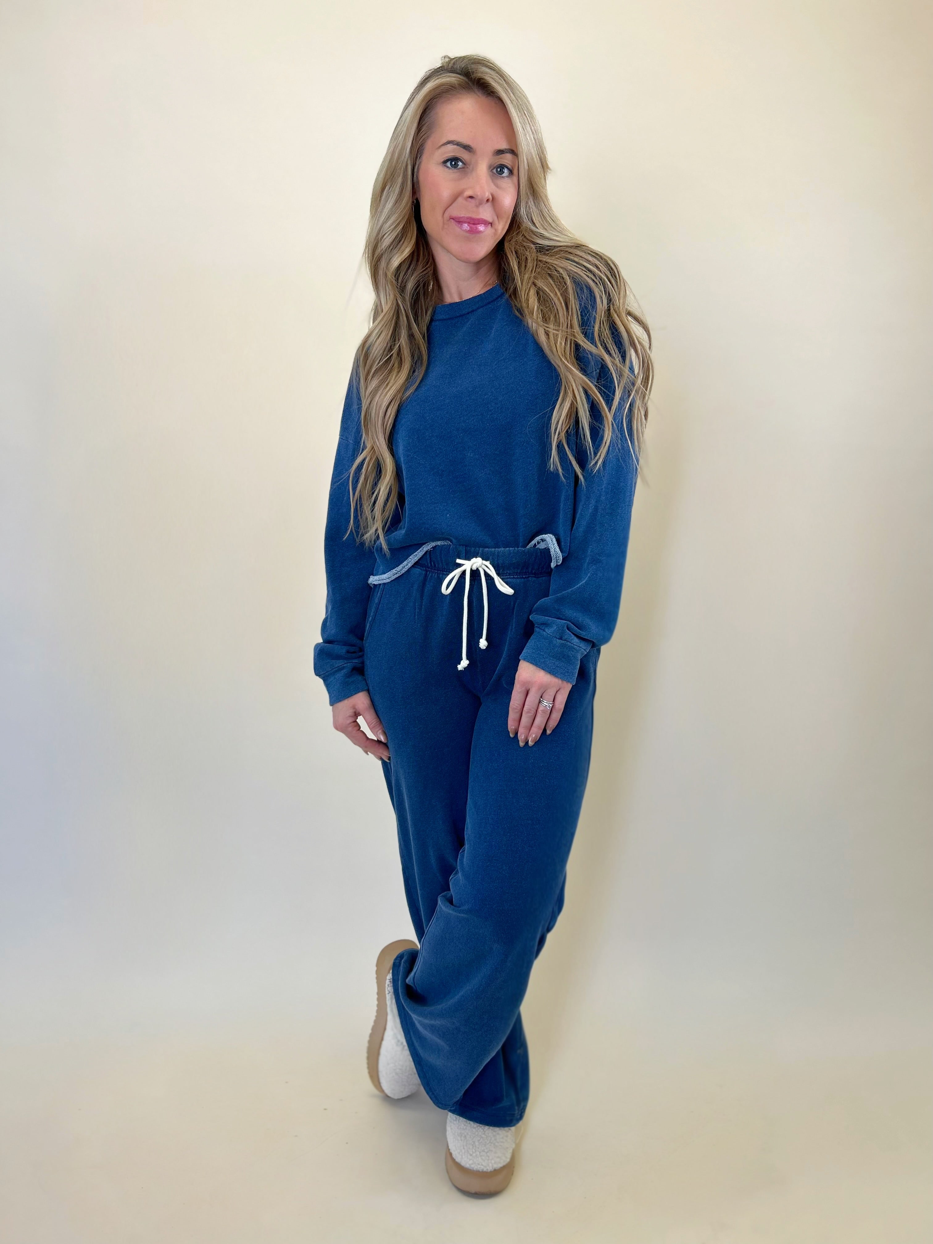 Z Supply Hunter Knit Denim Pant in Indigo, full-length lounge pant available at Shear Boutique. matching set