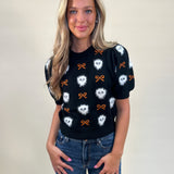 Peach Love Boo Bow Sweater — soft, lightweight short sleeve knit featuring playful ghost and bow design with a relaxed fit for easy layering.
