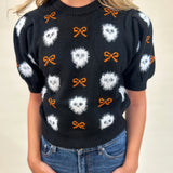 Cute and festive Peach Love Boo Bow Sweater — relaxed fit short sleeve knit, perfect for spooky season style.