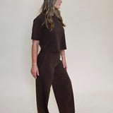 Three-quarter angle of women’s Kori Knit Wide Leg Pants and matching cropped sweater top in espresso brown.