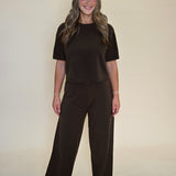Front view of Shear Boutique Kori Wide Leg Knit Pants in Dark Espresso, high-waisted sweater pants for women