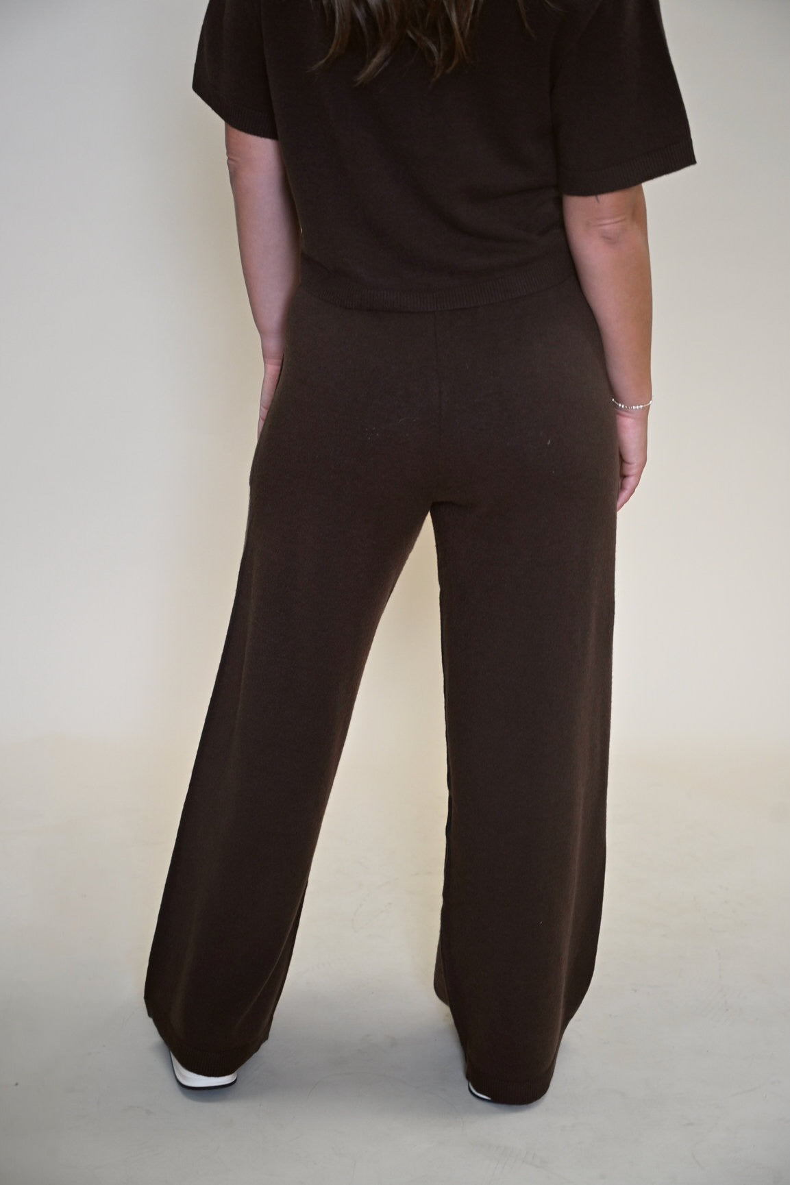 Back view of Kori Knit Pants in Dark Espresso from Shear Boutique, relaxed fit wide leg loungewear pants.