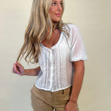 z-supply Lana Top in white with sheer lace detail, short puff sleeves, button-down front, and tie scoop neck – Shear Boutique