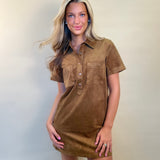 z supply authentic suede mini dress, collared t shirt dress with partial button-down front,  light brown, front chest pockets - Shear Boutique Fall collection