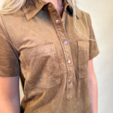 detailed close-up of z supply women's suede mini dress brass buttons and collared neckline