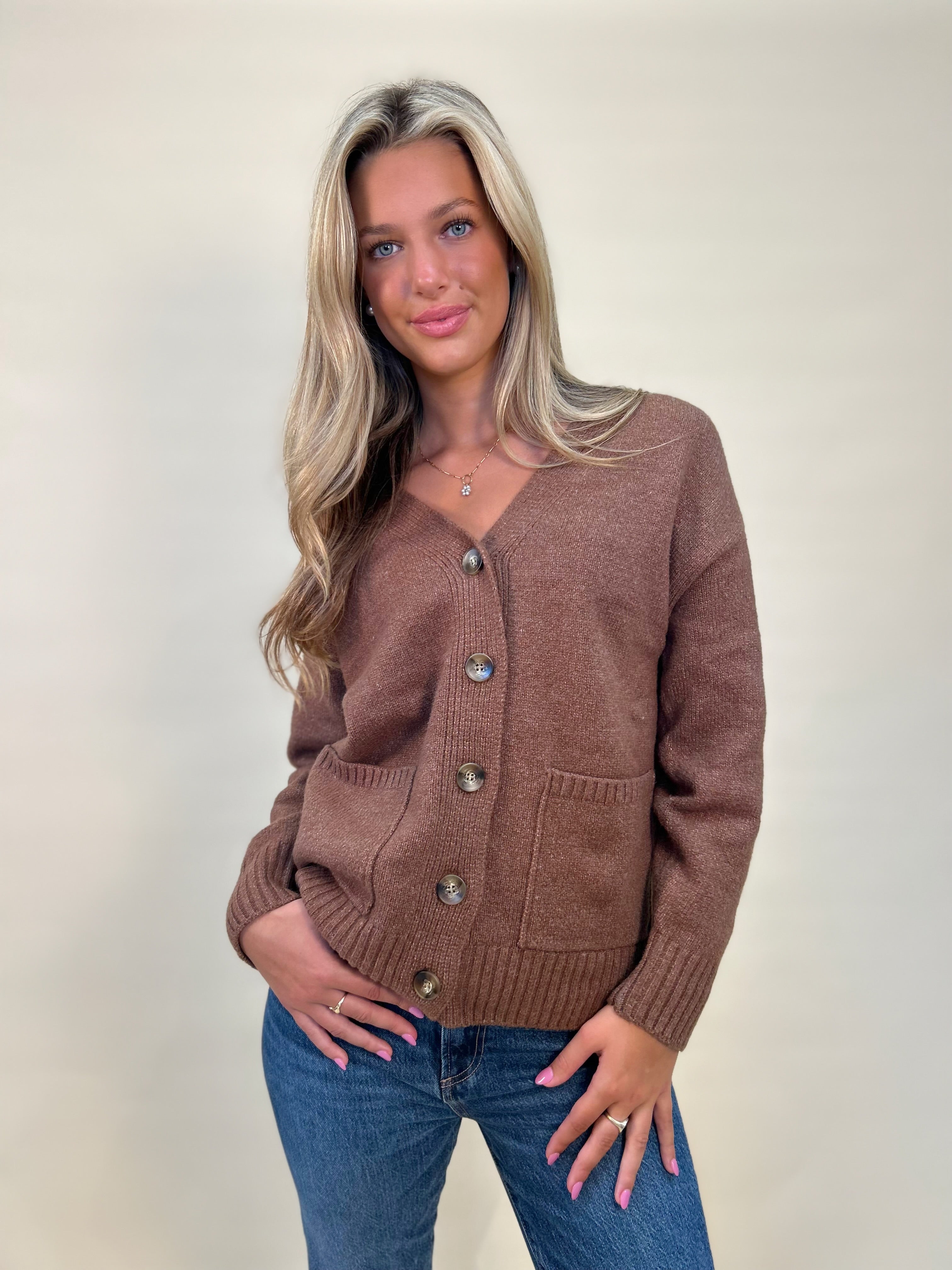 Theo cardigan - brown suede oversized sweater pockets