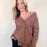 Front view of z supply Theo cardigan - brown suede oversized sweater pockets