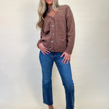Theo cardigan styled with denim jeans for casual fall outfit