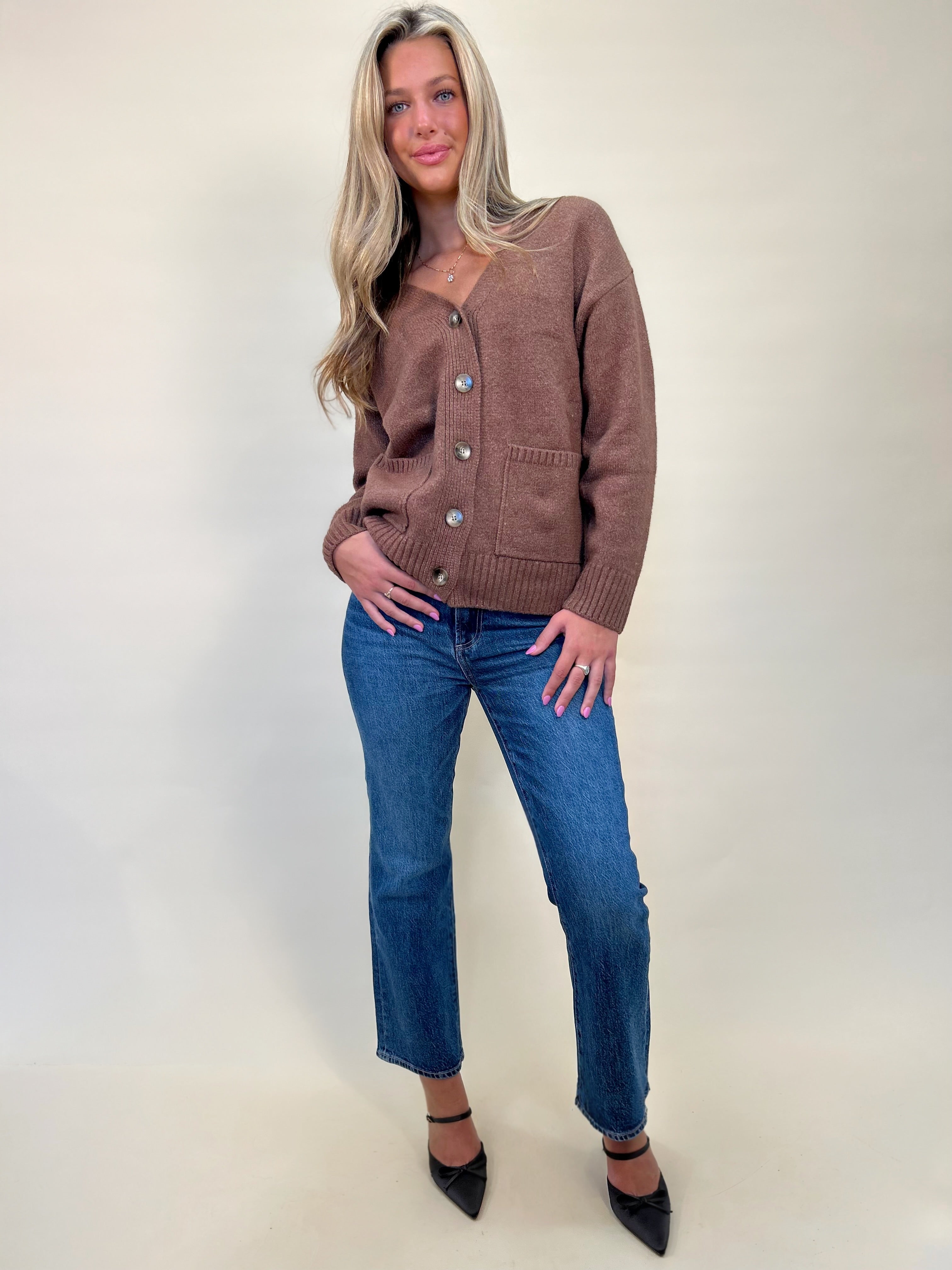 Theo cardigan styled with denim jeans for casual fall outfit
