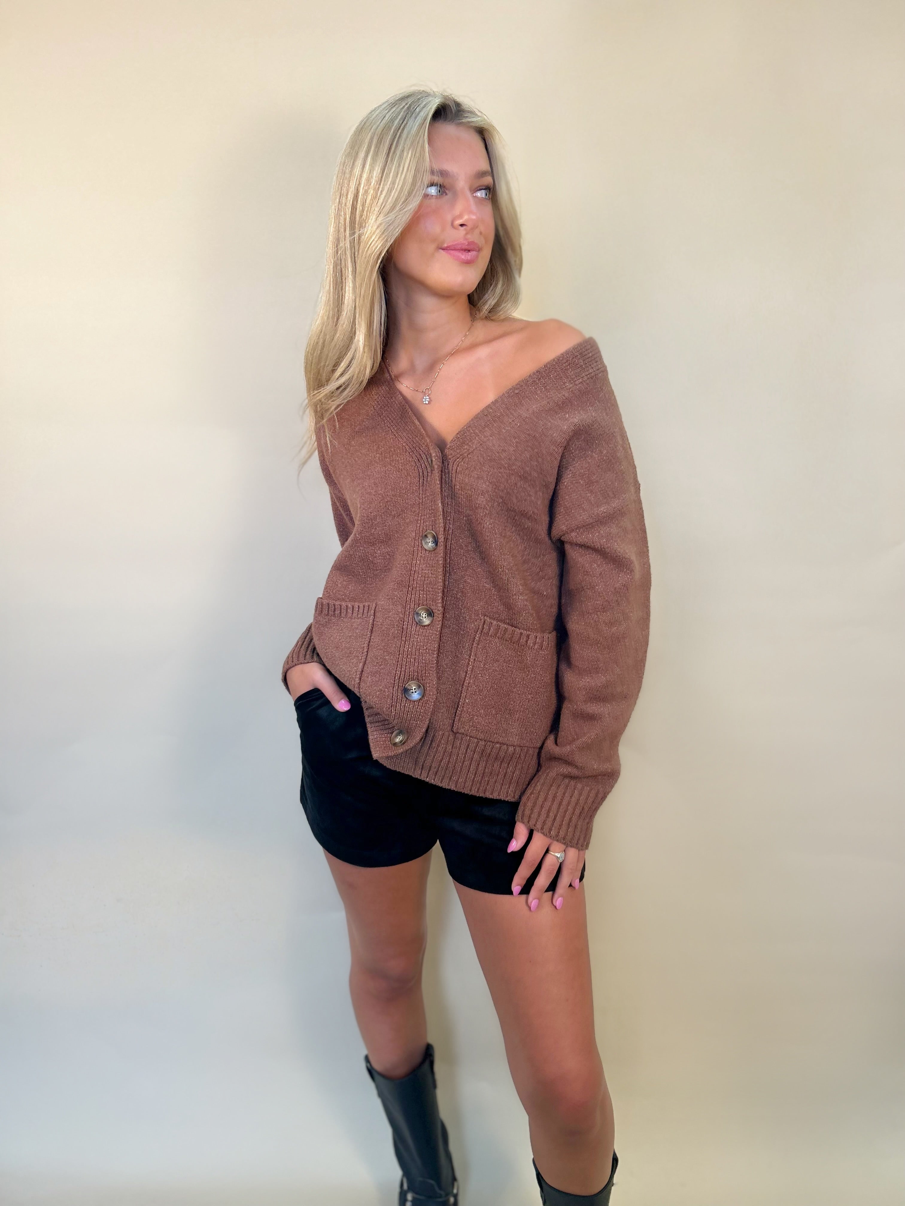 z supply Tia suede short in black worn with oversized Theo cardigan