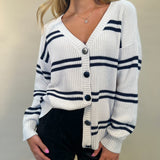 Close-up of Z Supply Boyfriend striped cardigan button-down front and navy stripe knit fabric – Shear Boutique