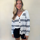 Z Supply Boyfriend striped cardigan in white with navy horizontal stripes – women’s button-down V-neck sweater – Shear Boutique