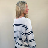Back of Z Supply Boyfriend striped cardigan in white with navy stripes – women’s casual sweater – Shear Boutique