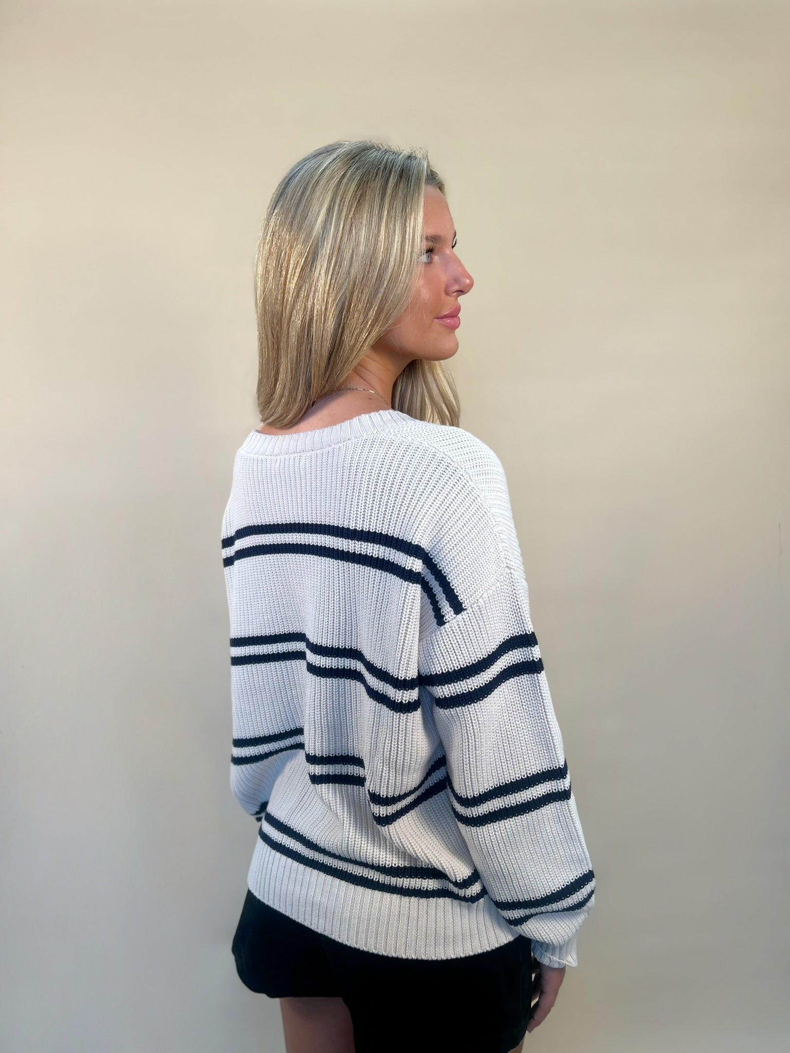 Back of Z Supply Boyfriend striped cardigan in white with navy stripes – women’s casual sweater – Shear Boutique