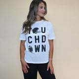 White Z Supply Boyfriend Tee with bold black “Touchdown” lettering, featuring a relaxed, comfy fit perfect for game day.