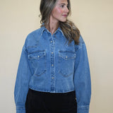Women’s Steve Madden Rafi Denim Top featuring a tailored fit, straight hem, and versatile design that doubles as a jacket.