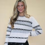 Z Supply Perci Patterned Sweater — white knit pullover with grey and black motifs and stylish neckline detailing.