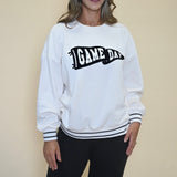 Z Supply Game Day Sweatshirt — oversized white crew neck with black striped sleeves, made from soft midweight cotton fleece for cozy everyday comfort.