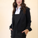 Steve Madden Rowane black short blazer with double-breasted front and tailored cuffed sleeves