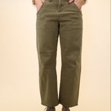 Green denim cargo pants by Dear John featuring barrel leg silhouette and ankle-length hem