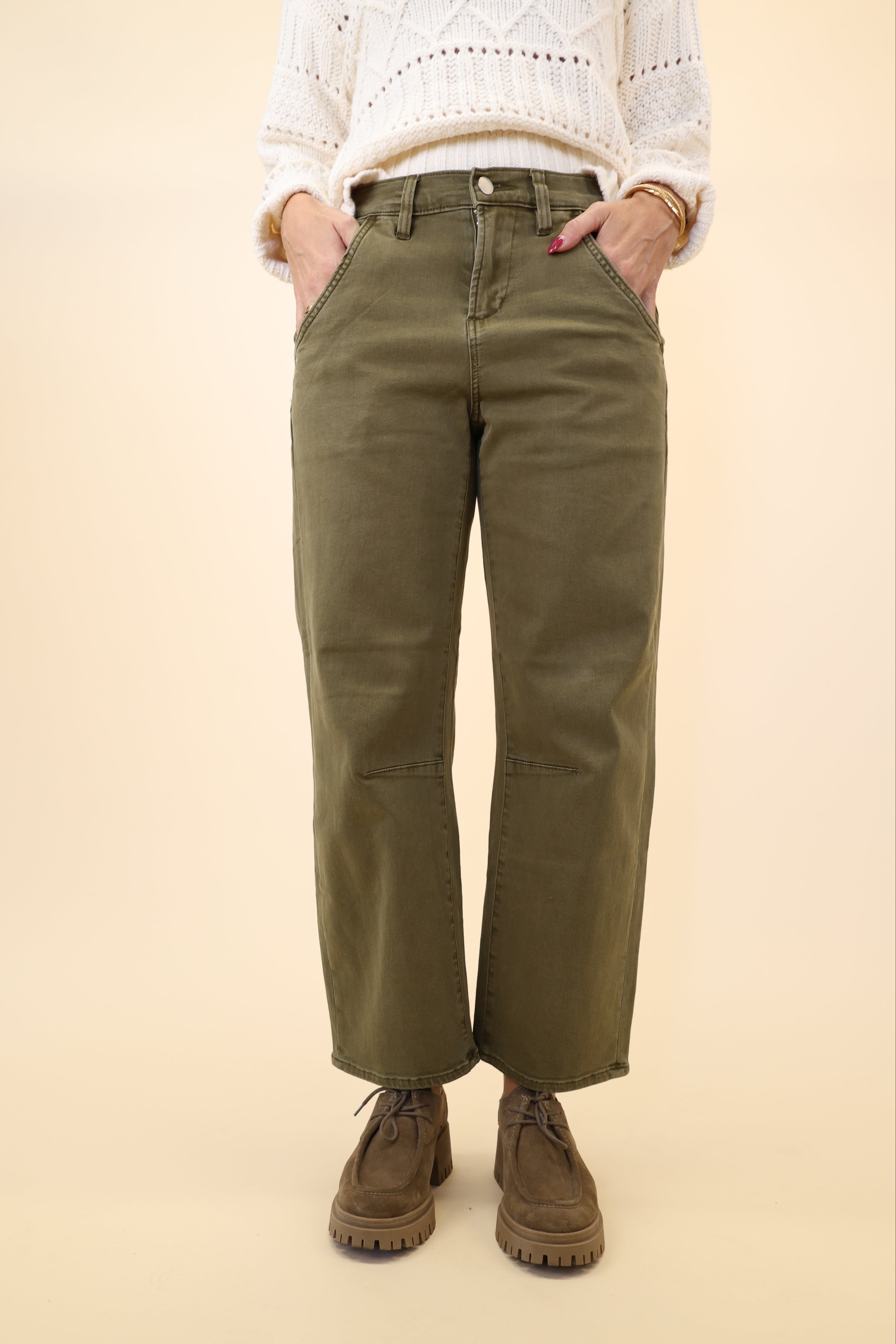 Green denim cargo pants by Dear John featuring barrel leg silhouette and ankle-length hem