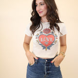 Girl Dangerous Love Tattoo tee — white fitted baby style top with heart graphic print