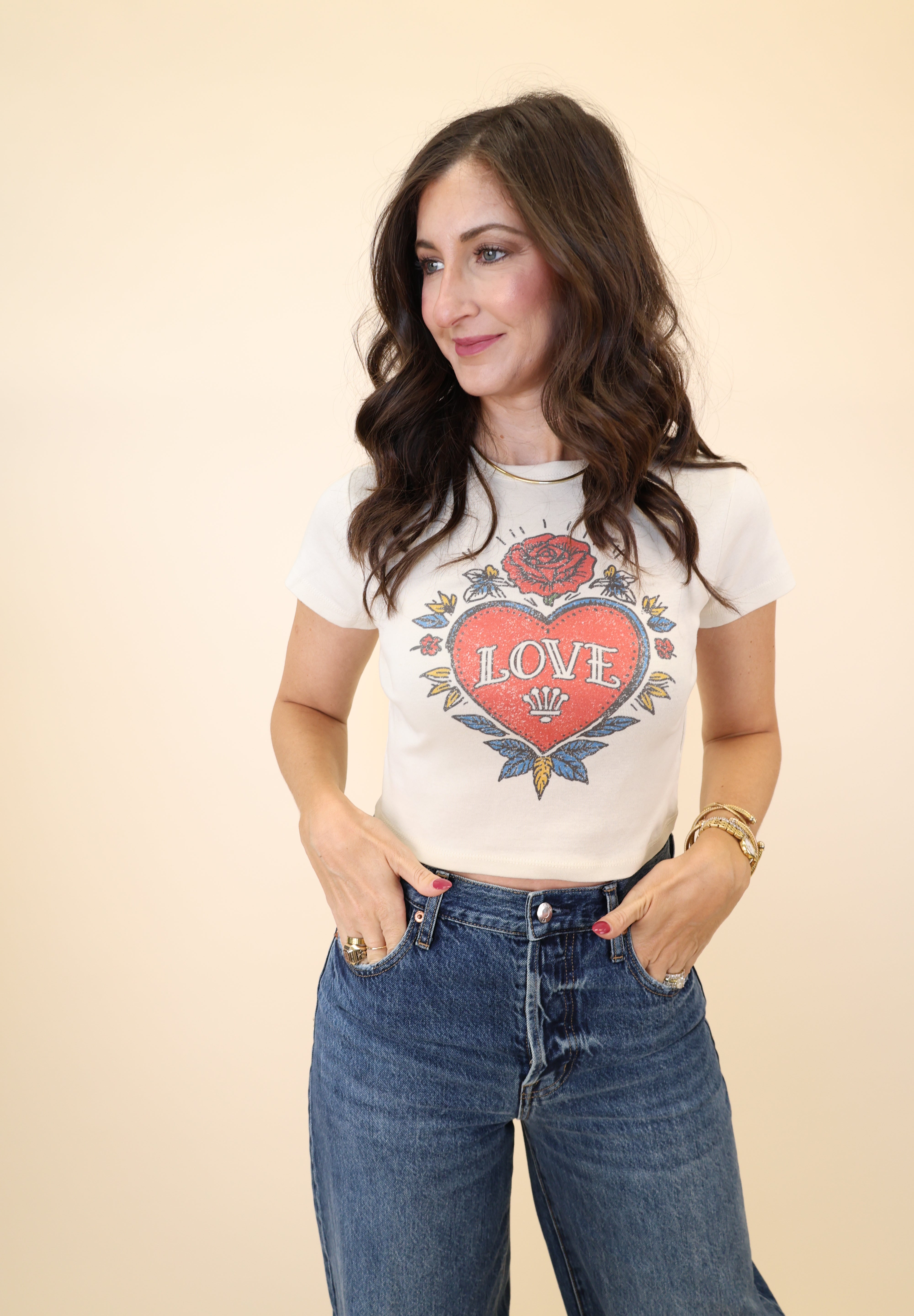 Girl Dangerous Love Tattoo tee — white fitted baby style top with heart graphic print