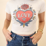 Fitted white cotton tee by Girl Dangerous featuring tattoo-style heart and “Love” design