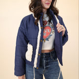 Miou Muse sherpa pocket quilted jacket in navy with warm texture and drawstring waist