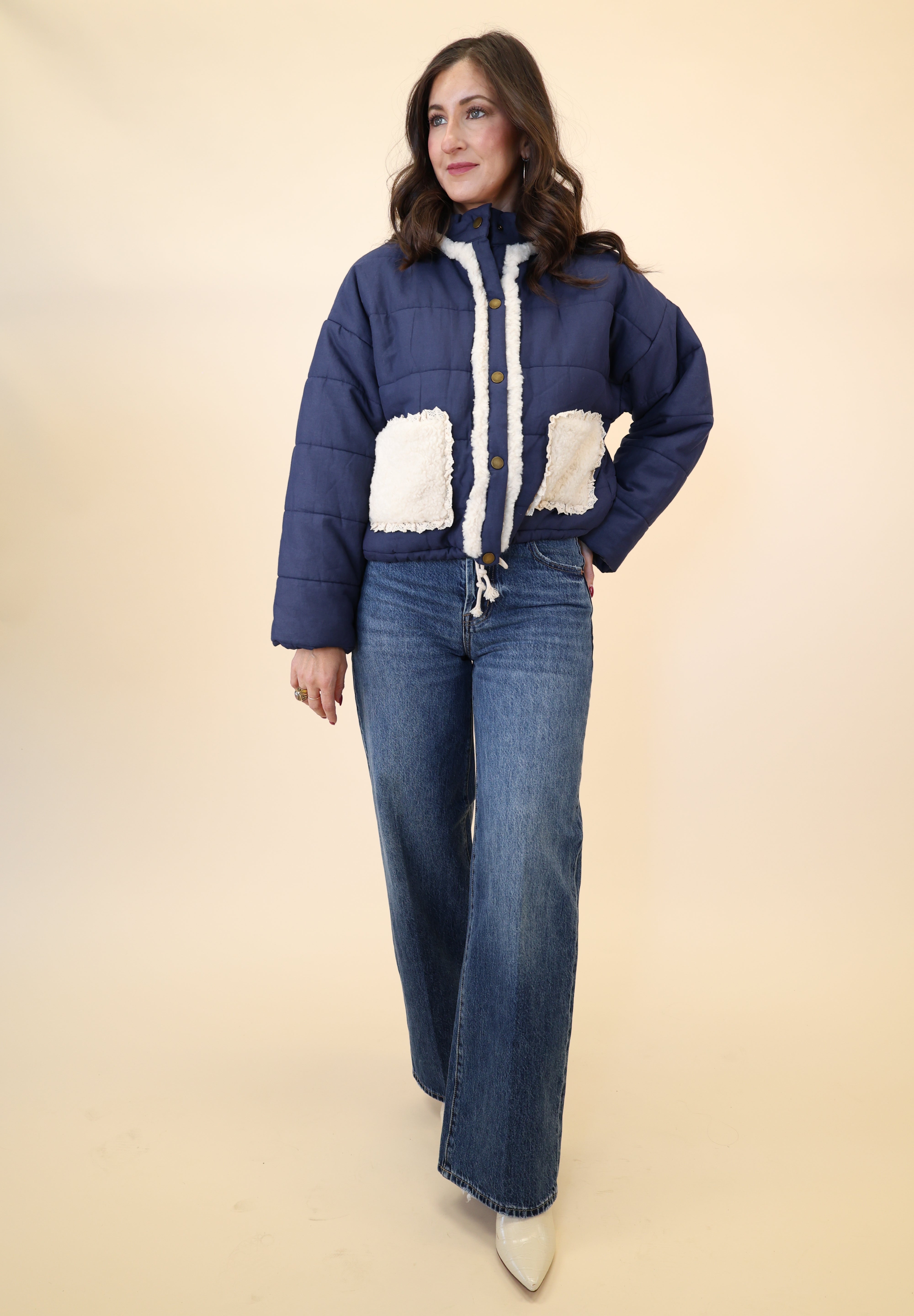 Miou Muse button-down quilted coat in navy with sherpa accents and adjustable hemline