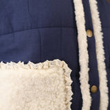 Cozy navy Miou Muse quilted jacket — white sherpa pockets, soft neckline, and drawstring hem
