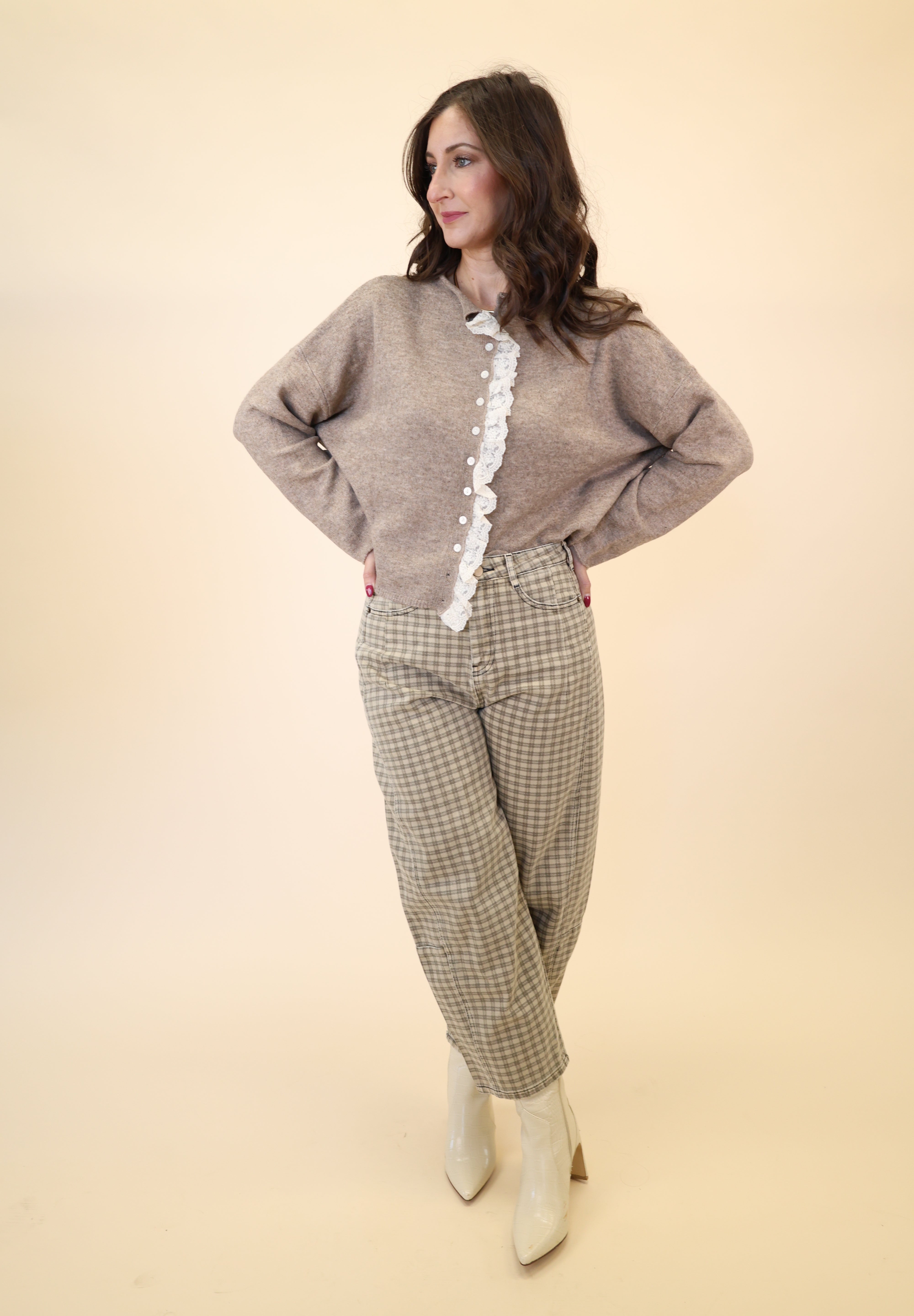 Mini check tan barrel pants from Miou Muse — relaxed plaid fit with ankle-length finish