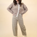 Miou Muse All Frills button-front cardigan with white lace trim and cozy beige knit